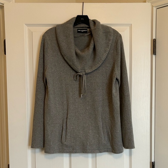 KARL LAGERFELD Sparkly Gray Cowl Turtleneck Sweater with Drawstrings and Pockets - Picture 2 of 8